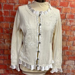 Carson Vintage Satin Ruffle Trim Cardigan Sweater